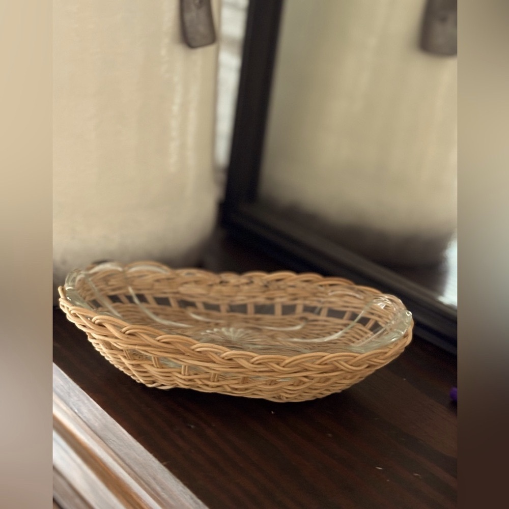 Vintage Cut Glass Dish & Wicker Basket 8”L | Neutral | Trinket Holder | Tray